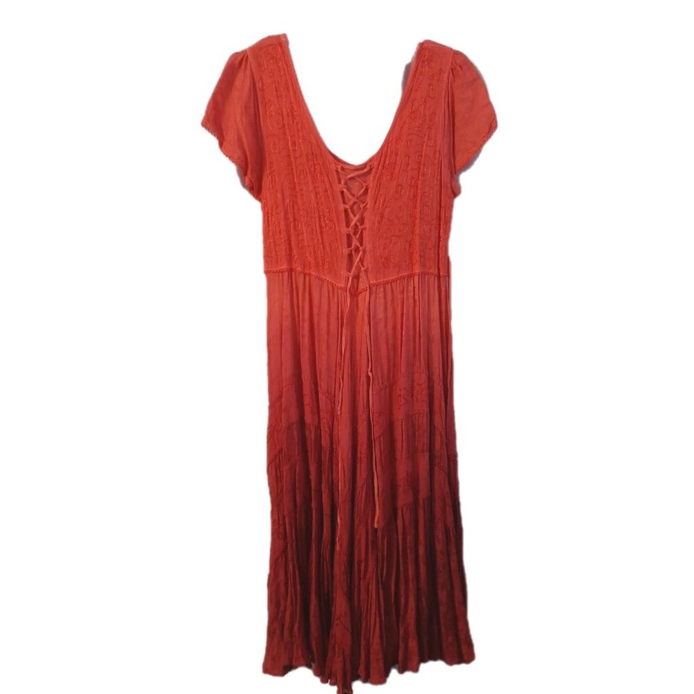 Just Cruising Dress Womens Free Size Red Ombre Rayon Lace Up Boho Renaissance